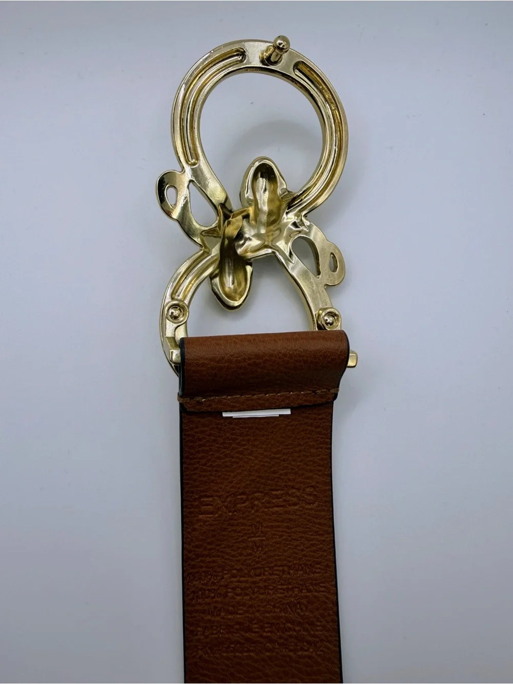 Express Brown Leather Belt with Gold Double-Snake Buckle